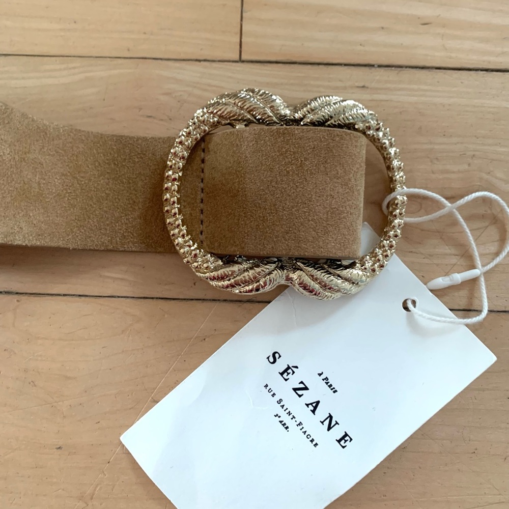 Sezane Artemis Tan Suede Women's Belt with Gold Decorative Buckle - Picture 5 of 12
